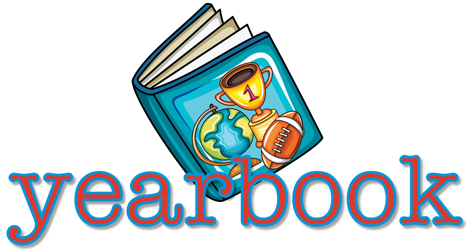 Colorful yearbook illustration with trophy, globe, and football on a blue book cover, text "yearbook" below.