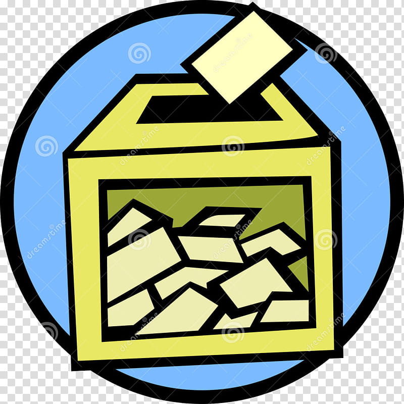 Yellow ballot box with voting slip being inserted, filled with paper ballots inside a blue circular frame.