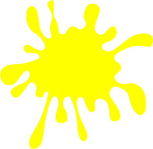 Bright yellow paint splatter graphic on black background, stylized and symmetrical.