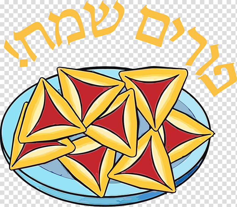 Plate of golden hamantaschen cookies with red filling, Hebrew text "Purim Sameach" above.
