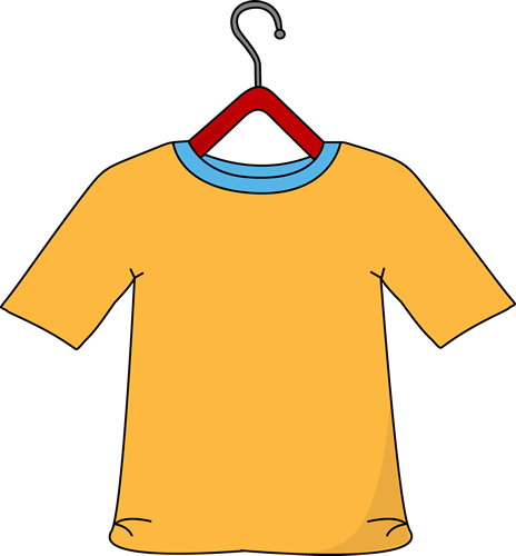 Yellow short-sleeve t-shirt with blue ribbed collar hanging on a red plastic hanger against black background.