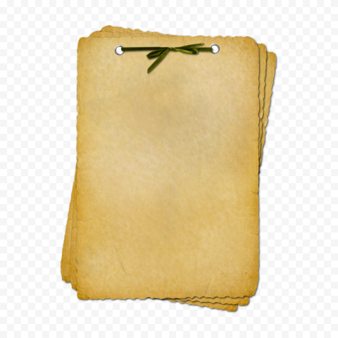 Vintage aged parchment pages bound with a green ribbon and metal brads, evoking old manuscripts or journals.