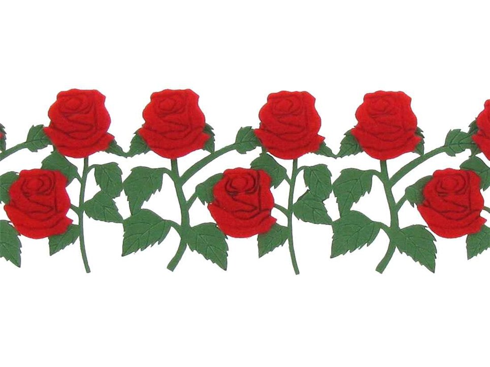 Red rose border with green stems and leaves, stylized floral decorative pattern.
