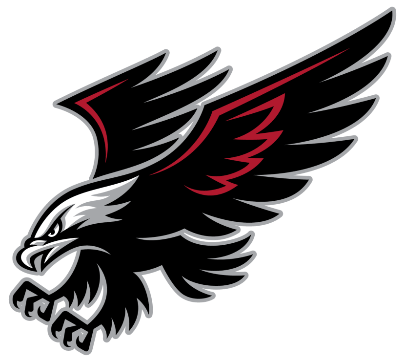 Stylized black eagle with red wing accents, white head, and aggressive pose, outlined in gray.