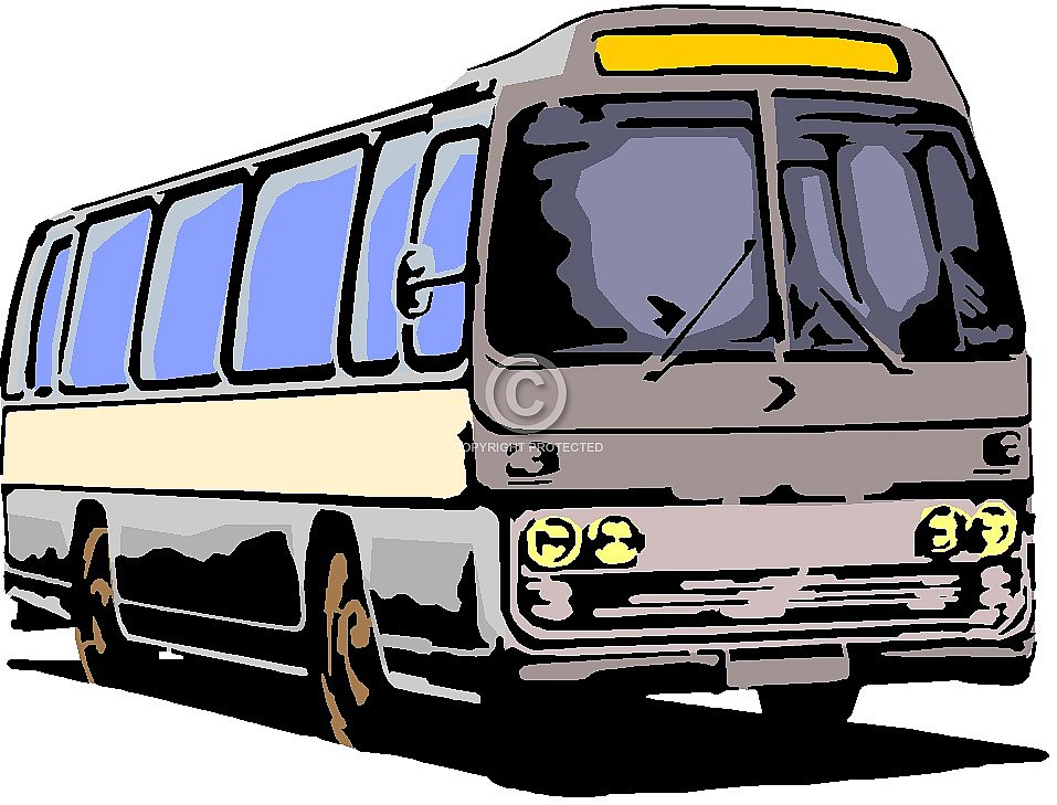 Classic gray and cream passenger bus with blue windows and yellow headlights, stylized illustration.