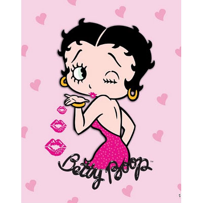 Betty Boop blowing a kiss with pink hearts and lipstick marks on a light pink background.