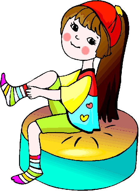 A cheerful cartoon girl with long brown hair, red hat, and colorful striped socks sits on a round cushion while adjusting her sock.