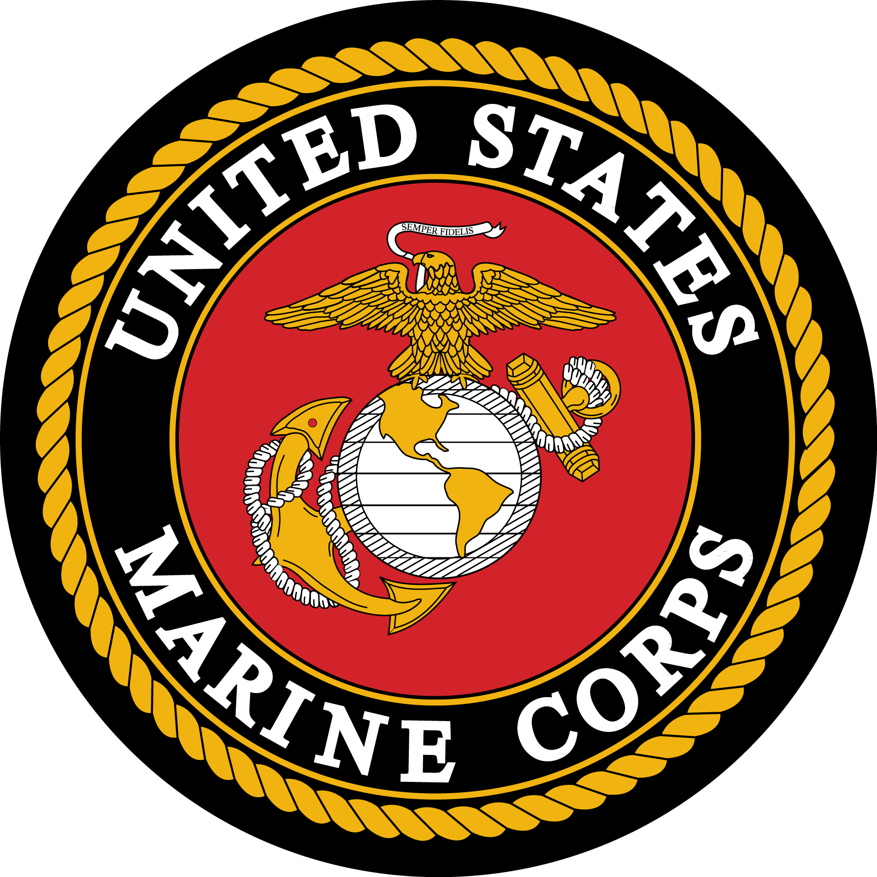 Official seal of the United States Marine Corps featuring eagle, globe, and anchor on red field with gold rope border.