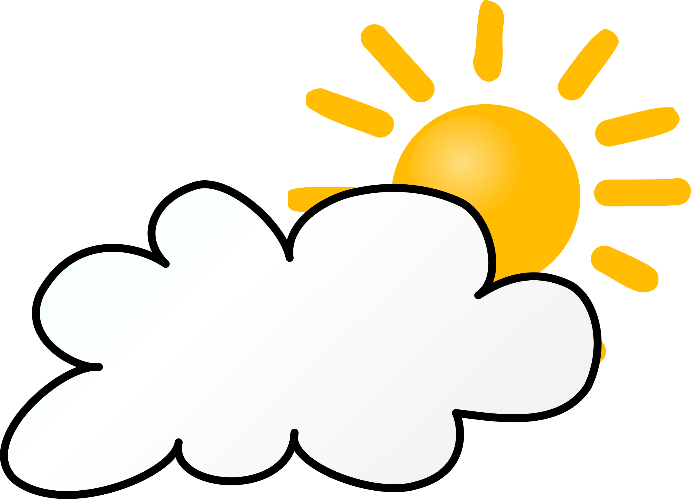 A bright yellow sun peeking over a white cloud with orange rays, symbolizing partly cloudy weather.