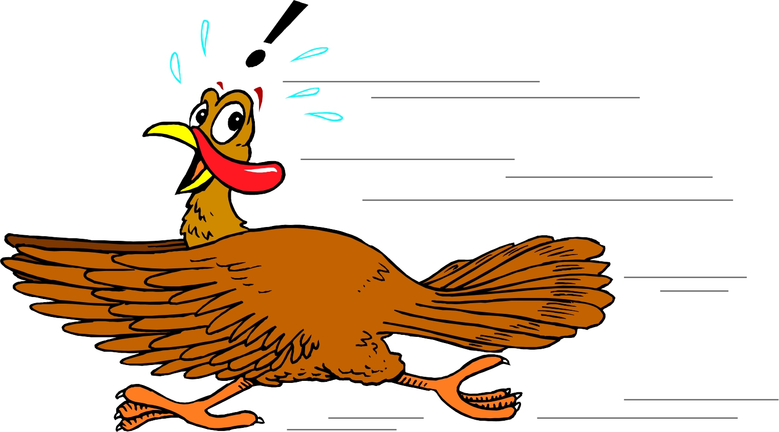 A cartoon turkey running in panic with wide eyes, open beak, and sweat drops, conveying surprise or fear.