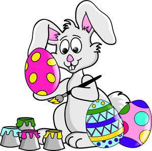 A cheerful cartoon bunny painting colorful Easter eggs with brushes and paint pots.