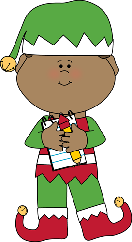 Smiling cartoon elf in green and red outfit holding a notepad and pencil, wearing pointed hat with bells.