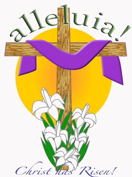 Wooden cross with purple ribbon, white lilies, and "Alleluia! Christ has Risen!" text over yellow sun background.