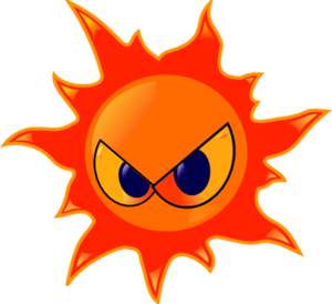 Angry cartoon sun with sharp orange rays and intense blue eyes glaring menacingly.