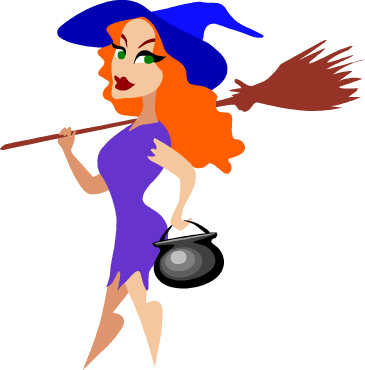 Cartoon witch with orange hair, blue hat, purple dress, holding broom and cauldron.