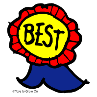 Hand-drawn "BEST" award ribbon with yellow center, red scalloped edge, and blue ribbon tails.