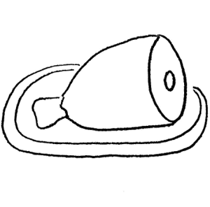 Simple line drawing of a whole ham resting on an oval platter.