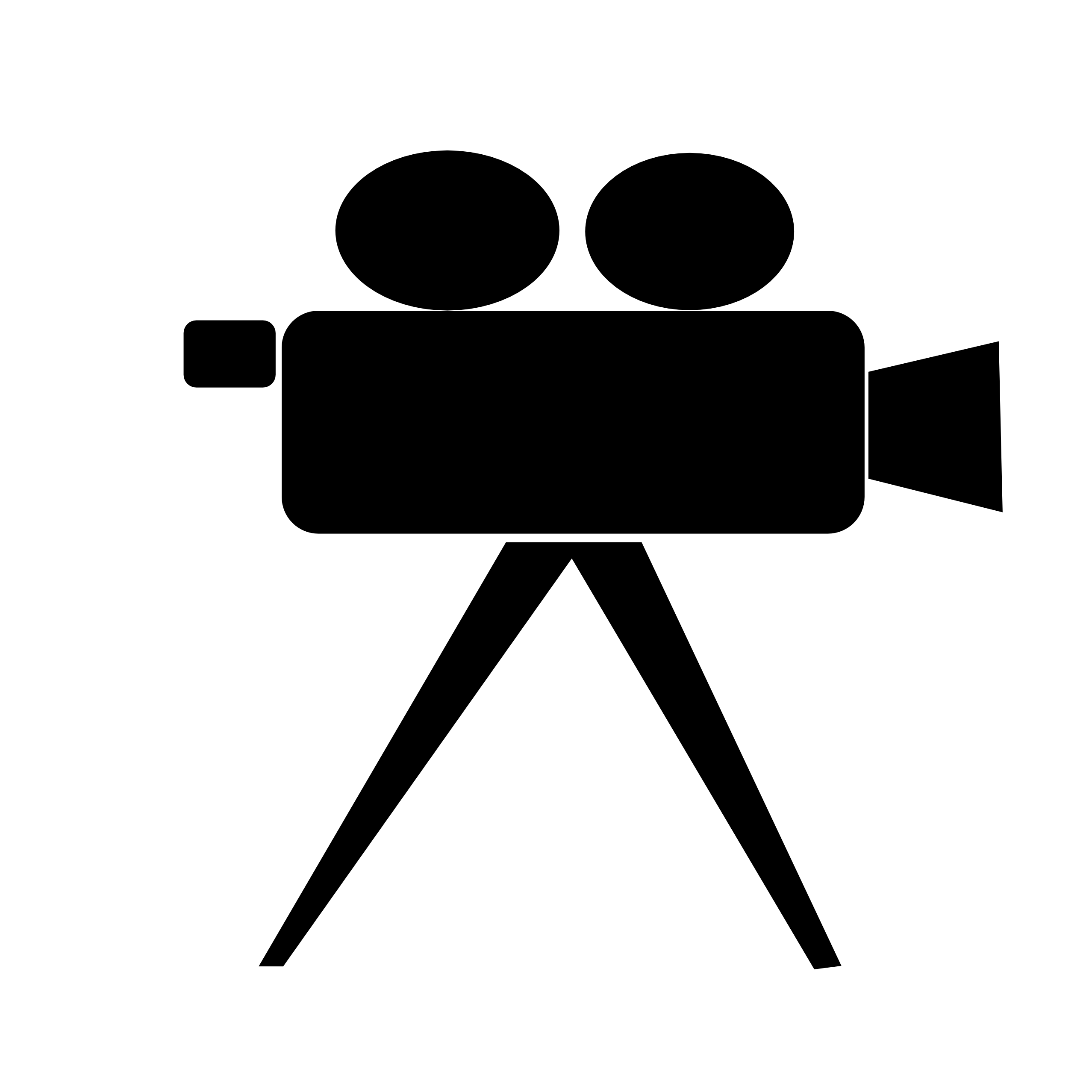 Black silhouette of a vintage film camera on a tripod with dual reels.