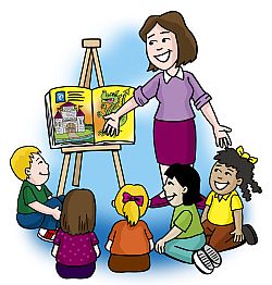 A smiling teacher reads a colorful book to five diverse children seated on the floor around an easel.