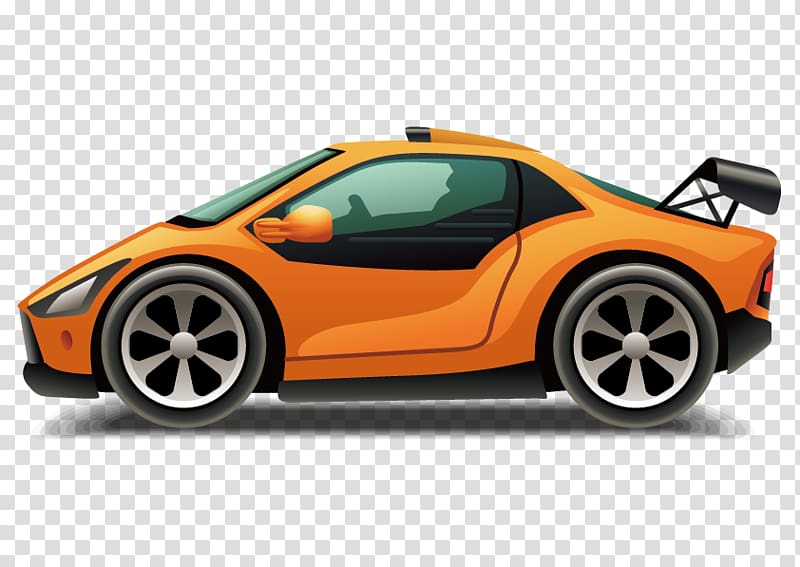 Orange cartoon sports car with black spoiler, large wheels, and sleek aerodynamic design on transparent background.