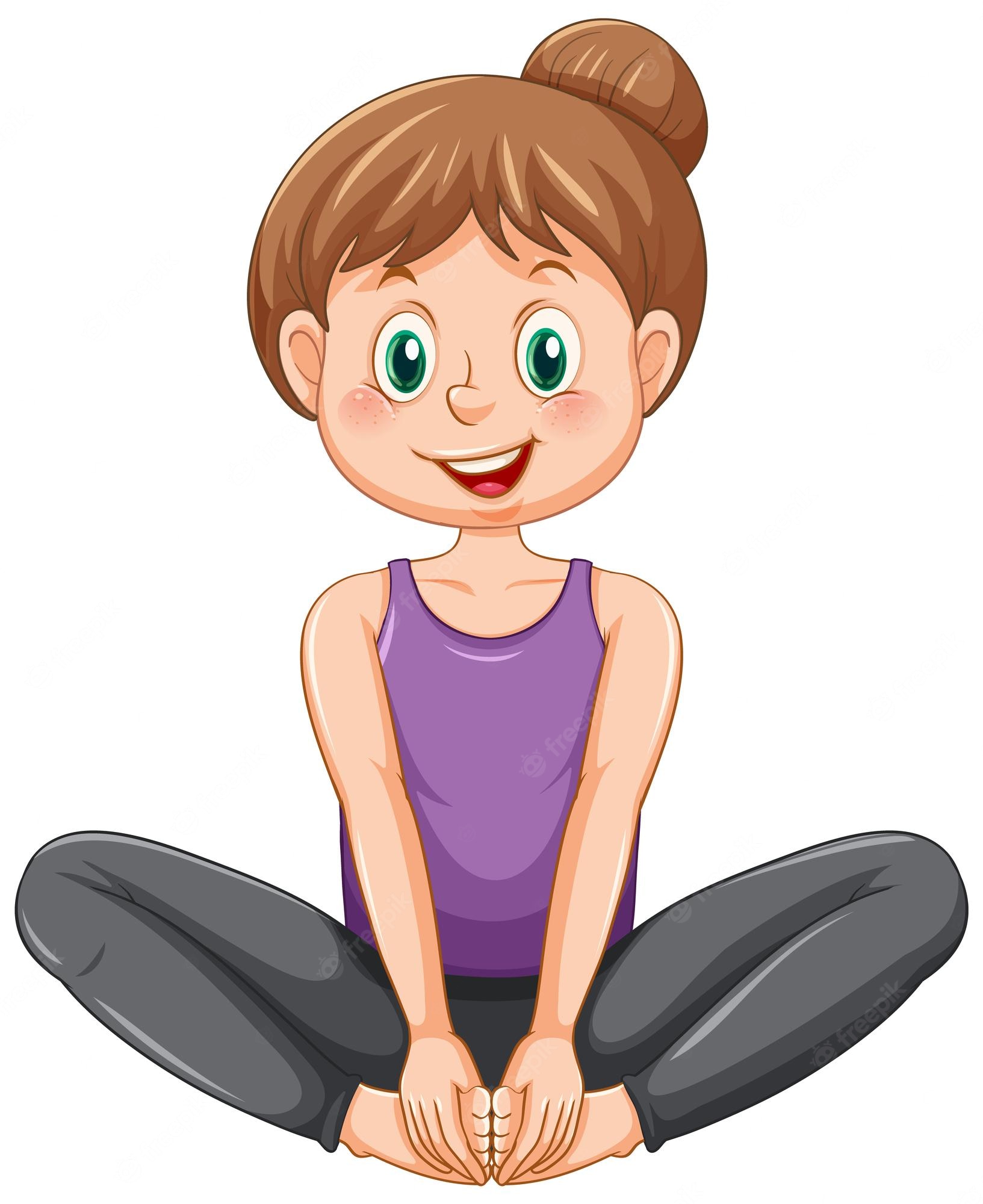 Smiling cartoon girl in purple tank top and gray leggings sitting cross-legged with hands on feet, practicing yoga or stretching.