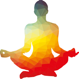 Low-poly silhouette of a person meditating in lotus position with warm gradient colors from blue to red.