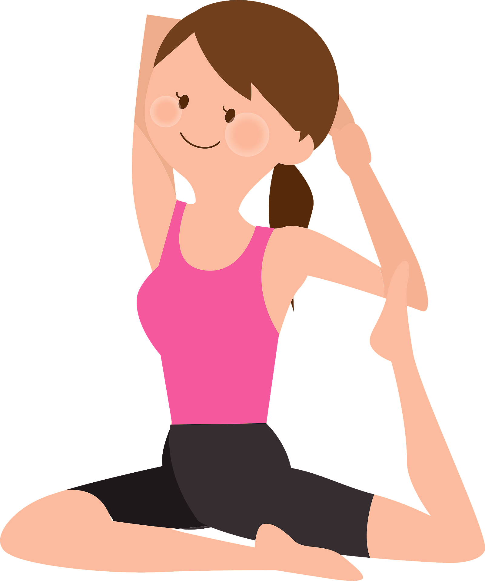 Woman in pink tank top and black shorts performing a seated yoga stretch with one leg extended and arms overhead.