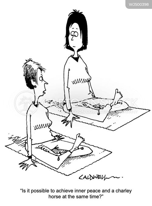 Two women attempting yoga poses on mats; one asks if inner peace and a charley horse can coexist.