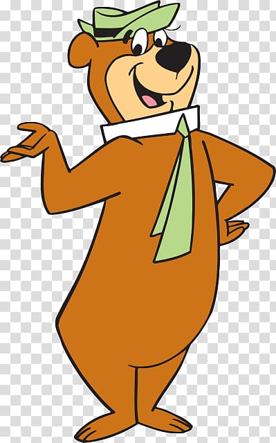 Yogi Bear, a brown cartoon bear wearing a green hat and tie, smiling with one hand raised and the other on his hip.