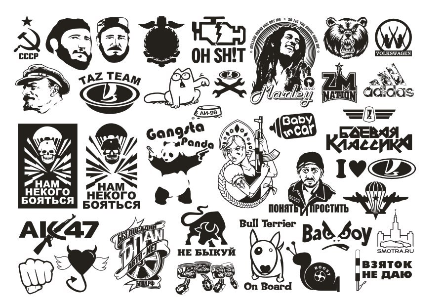 Collection of black-and-white Russian-themed stickers and logos including Soviet symbols, pop culture references, military motifs, and brand parodies.