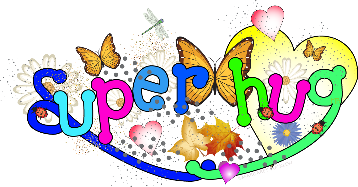 Colorful "Super Hug" text surrounded by butterflies, daisies, hearts, ladybugs, and autumn leaves on a black background.