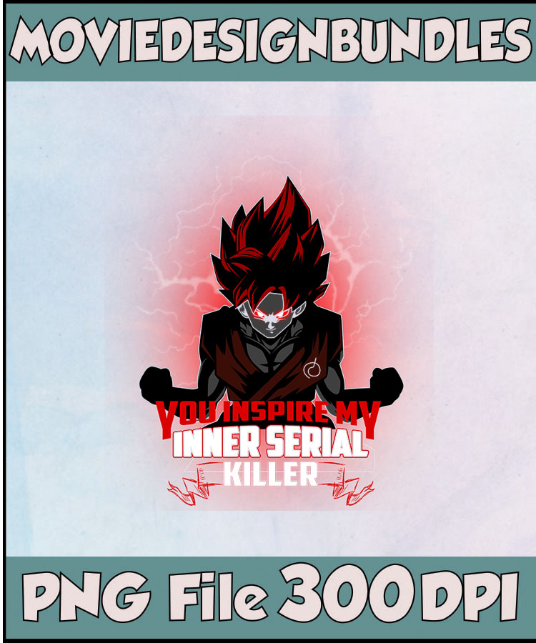 Stylized anime character with spiky red hair, glowing red eyes, and lightning aura; text reads "You Inspire My Inner Serial Killer"