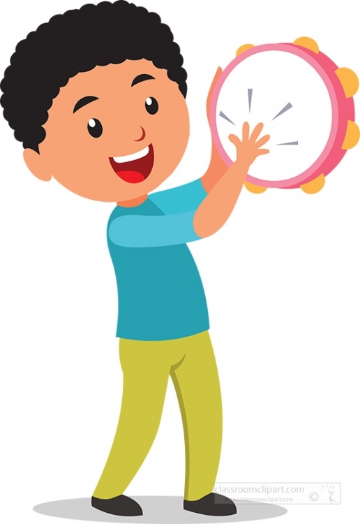Happy boy playing a pink tambourine with joyful expression and motion lines.