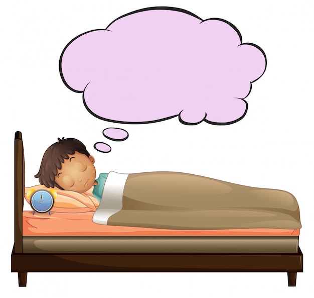A child sleeping peacefully in bed with a thought bubble above, suggesting dreaming or imagination.