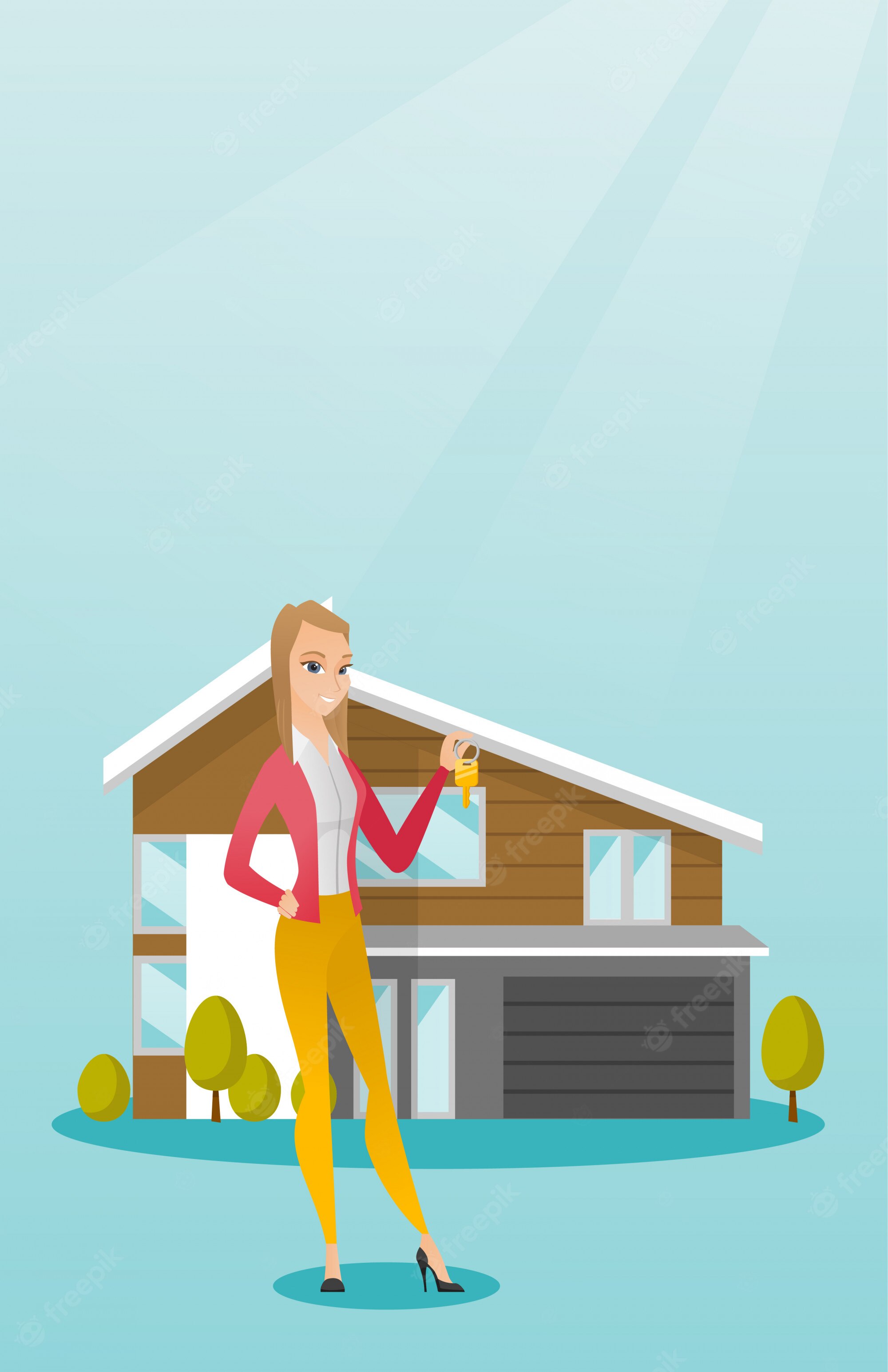Smiling woman holding house keys in front of a modern wooden home, symbolizing homeownership or real estate success.