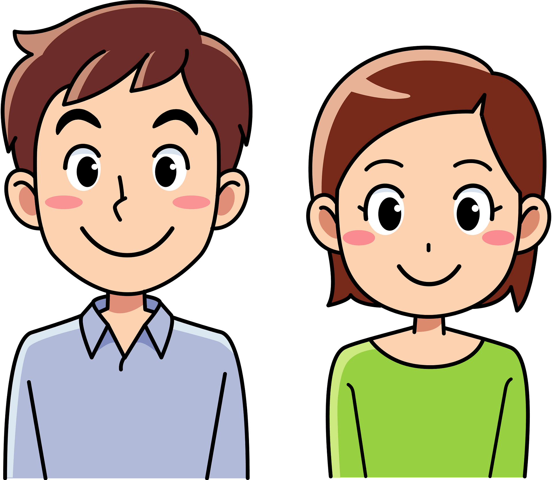 Smiling cartoon man and woman standing side by side, friendly expressions, casual attire.