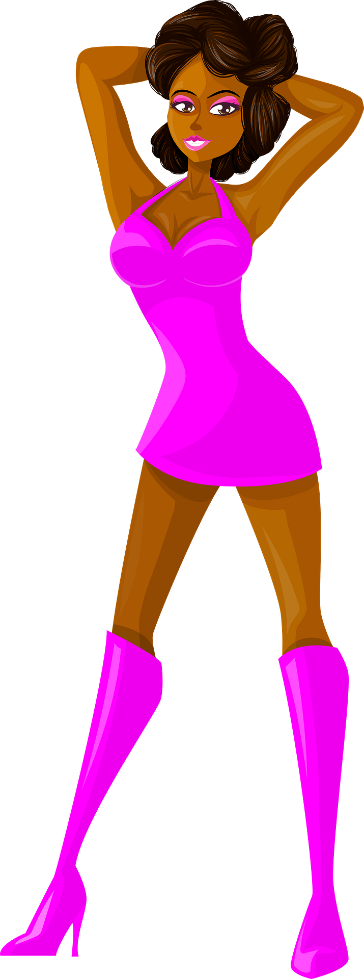 Stylized cartoon woman with brown skin and hair, wearing a vibrant pink halter dress and matching knee-high boots, posing confidently.