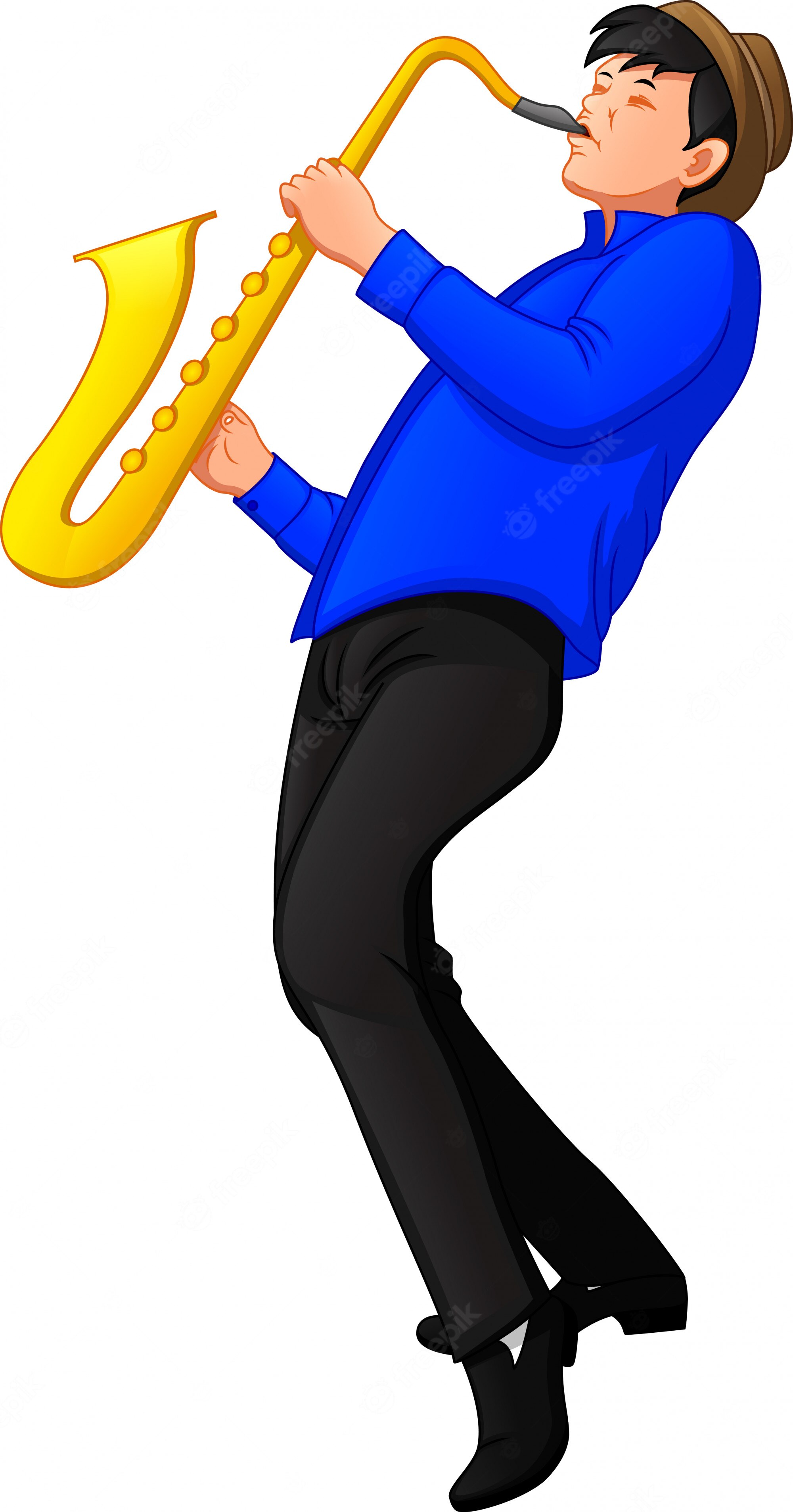 A cartoon man in a blue shirt and brown hat playing a golden saxophone with expressive joy.