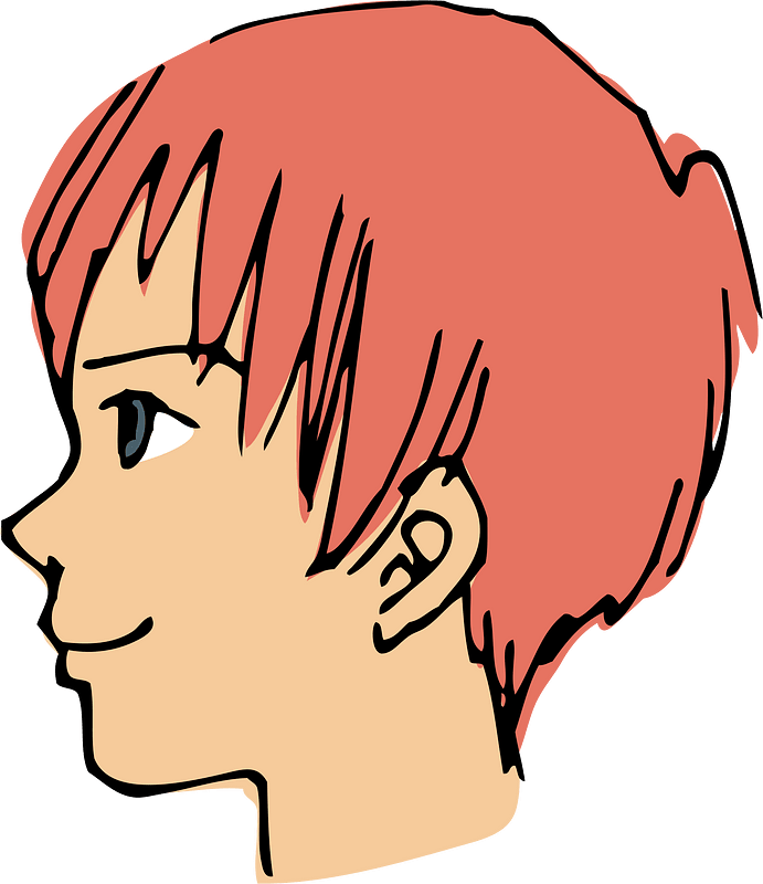 Anime-style profile illustration of a person with short pink hair and a gentle smile.