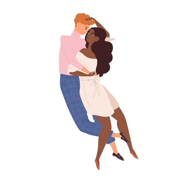 A tender embrace between a man with orange hair in a pink shirt and plaid pants, and a woman with long dark hair in a white dress.