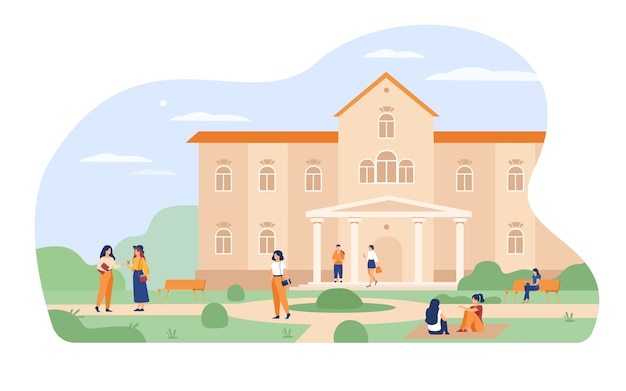 Students and faculty gather outside a classical-style university building on a sunny day.