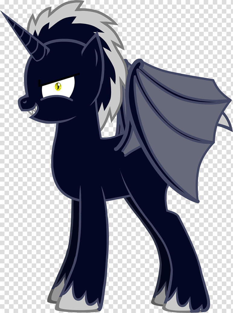 Dark alicorn with silver mane, bat-like wings, and glowing yellow eye, in stylized cartoon form.