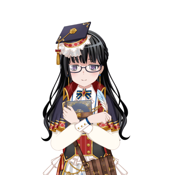 Anime girl in academic regalia with graduation cap, glasses, and ornate book, smiling gently.