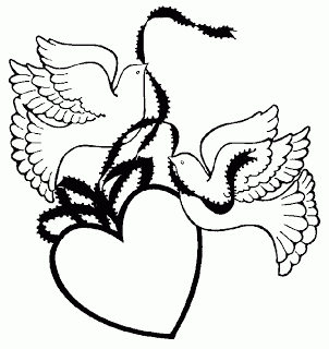 Two doves with outstretched wings perched on a heart, one holding an olive branch-symbol of love and peace.