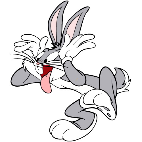 Bugs Bunny in a playful, exaggerated pose with tongue out and hands raised, classic cartoon style.