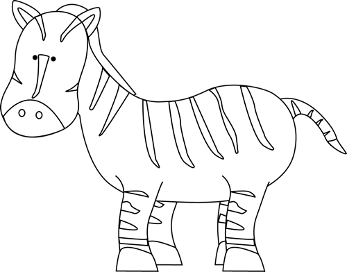 Black-and-white line drawing of a cartoon zebra with stripes, large eyes, and a friendly expression.