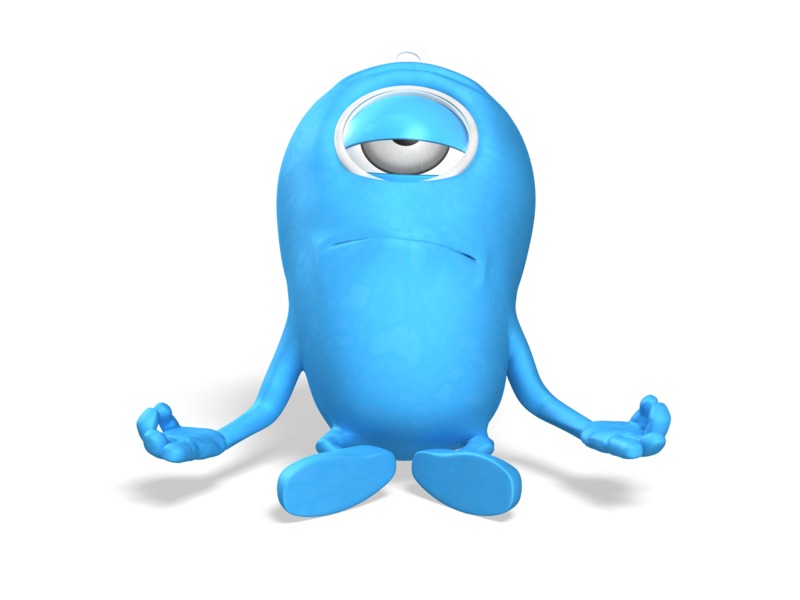 Blue one-eyed cartoon character meditating in lotus position with calm expression.