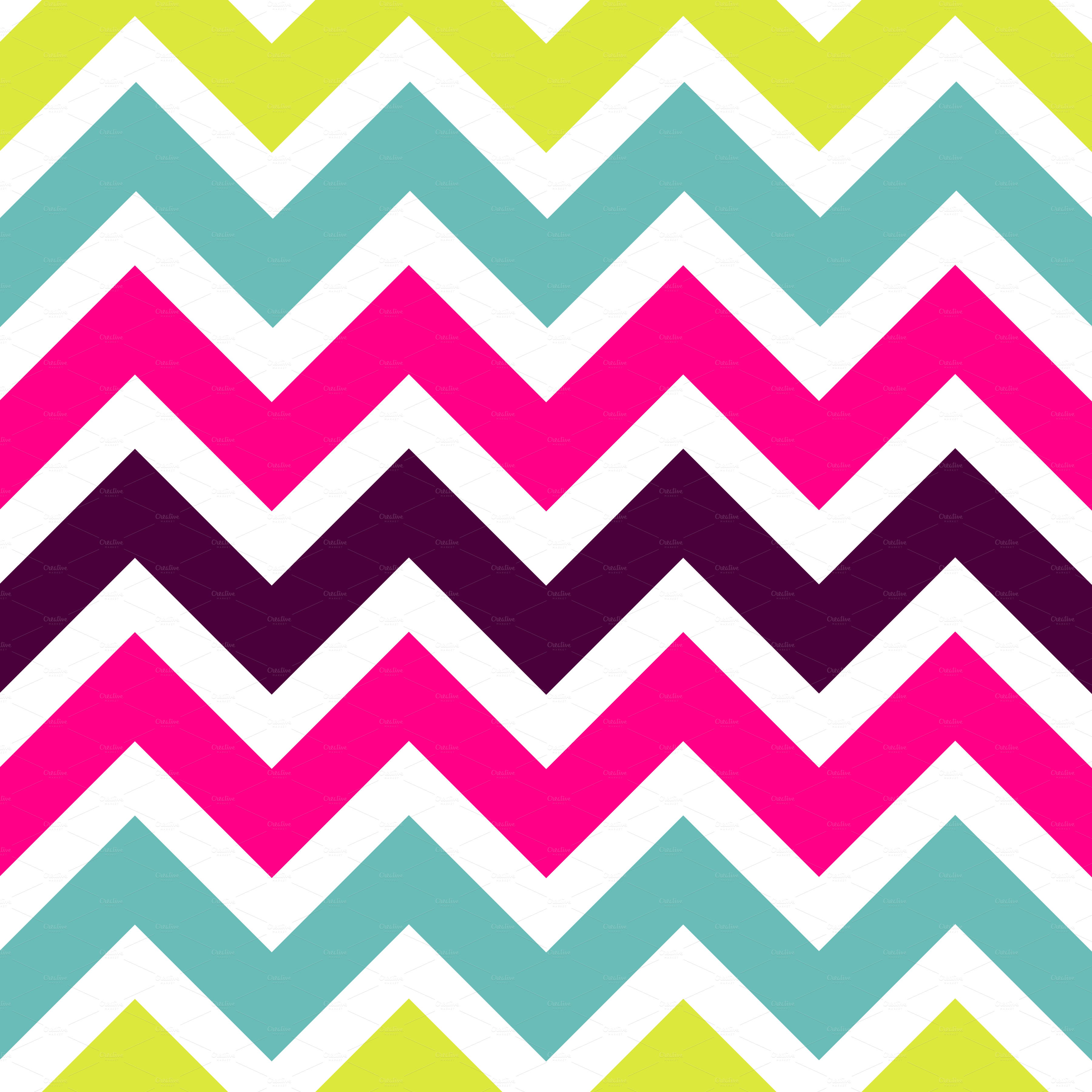 Vibrant zigzag pattern with lime, teal, magenta, and deep purple stripes on white background.