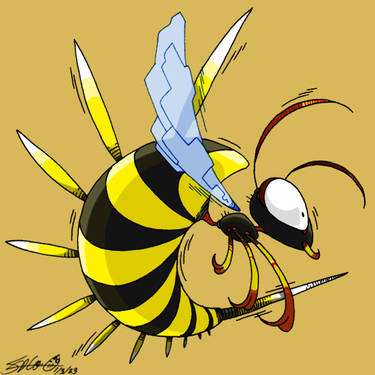 A cartoon wasp with yellow-black stripes, oversized eyes, and multiple stingers, wearing a blue wing-shaped hat.