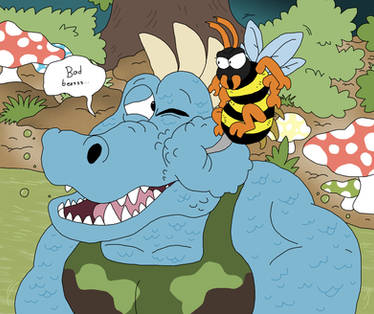 A blue cartoon crocodile grimaces as a grumpy bee lands on its head in a mushroom-filled forest.